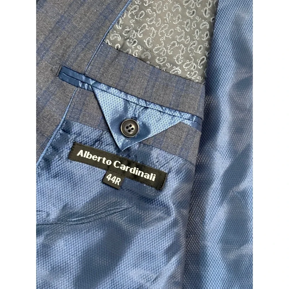 Alberto Cardinali Blazer Mens 44R Glen Plaid Blue Slim Fit Two Button Sport Coat